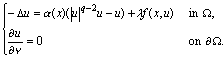 -\Delta u = \alpha (x)(\vert u\vert^{q-2}u-u)+\lambda f(x,u)&\text{in }\Omega,\\
\partial u\over\partial\nu=0 &\text{on }\partial\Omega.